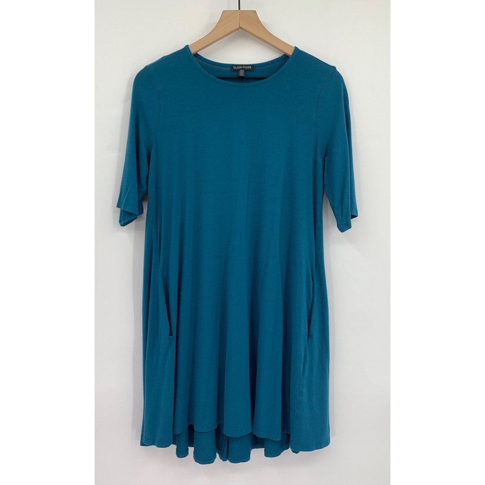 Eileen Fisher Dress Womens Medium Teal Stretch Lightweight Pockets Colorful